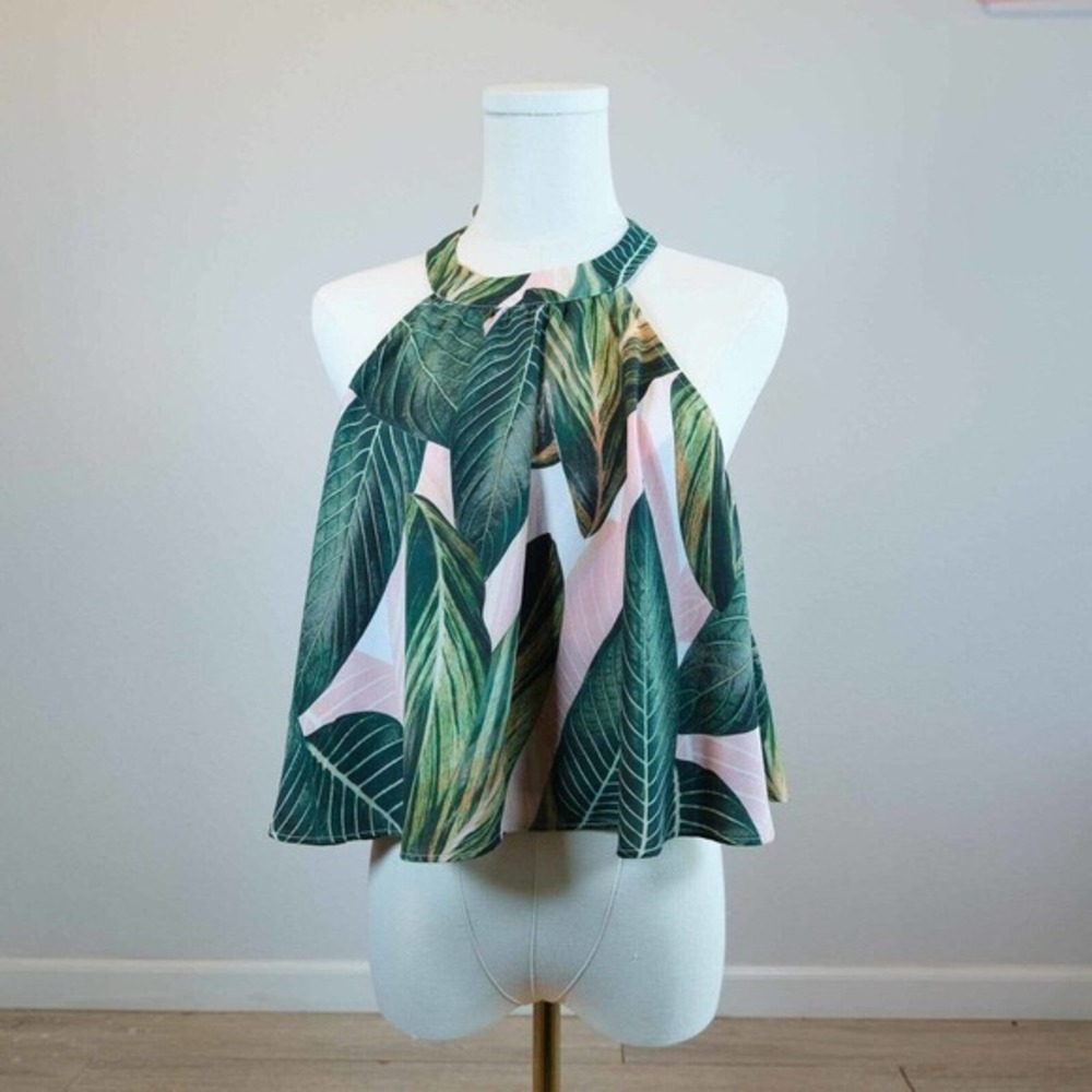 Show Me Your Mumu Womens Tank Top Halter Blouse Large Crop Pink Hawaiian Print